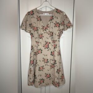 Little Mountain Boutique Floral Wrap Midi Dress, Beige, Pink Roses, Gold Detail